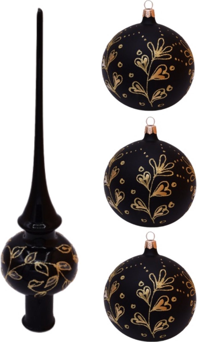Set met Zwarte Kerstboom Piek en Drie Zwarte Glanzende Kerstballen (van glas 8 cm) met Goud Glitter Design