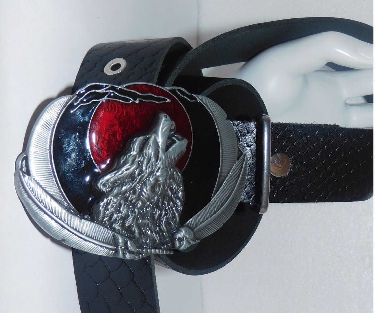 Hetty'S - Taille riem - zwart leer met slangenprint - gesp met wolf - maat 100 cm