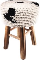 Luna-Leena duurzaam houten krukje /stoel met een koeien print hoes van katoen - zwart wit - hand gehaakt in Nepal - kinderstoel - kinderkruk - koeienhuid - kruk - kids decoration stool - cow print - landelijk