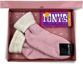 Chaussette maison en laine mérinos avec chocolat - Paquet cadeau - Coffret cadeau - Coffret cadeau - Rose - Taille 35-38