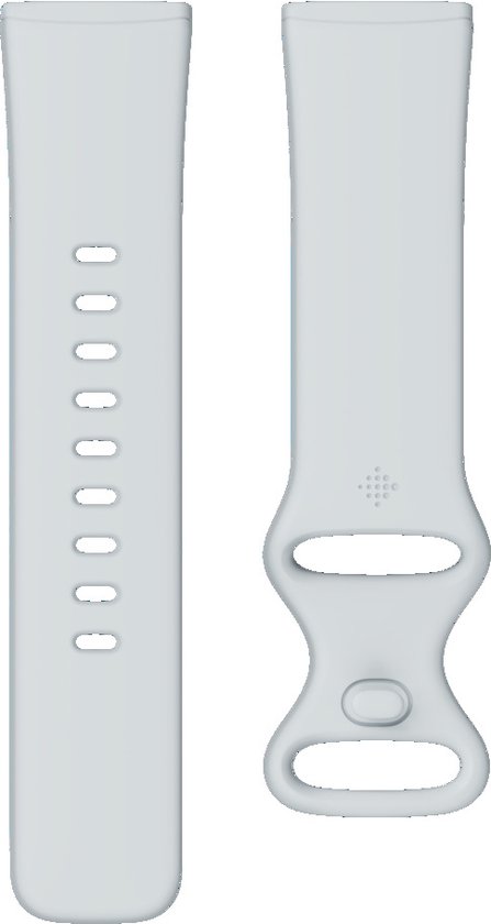 Twee lichtblauwe Fitbit horlogebandjes, waarvan één met gesp en de andere met gaatjes.