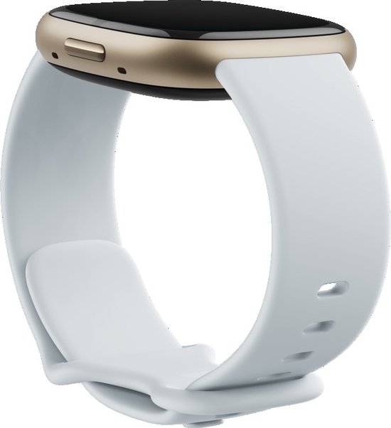 Goudkleurig Fitbit Sense 2 smartwatch met lichtblauw bandje, van de zijkant gezien.