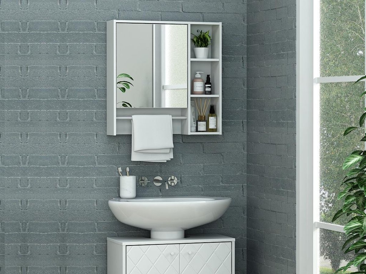 Badkamer muurkast met spiegel en handdoekhouder DRANGA - Wit L 60 cm x H 60 cm x D 14 cm