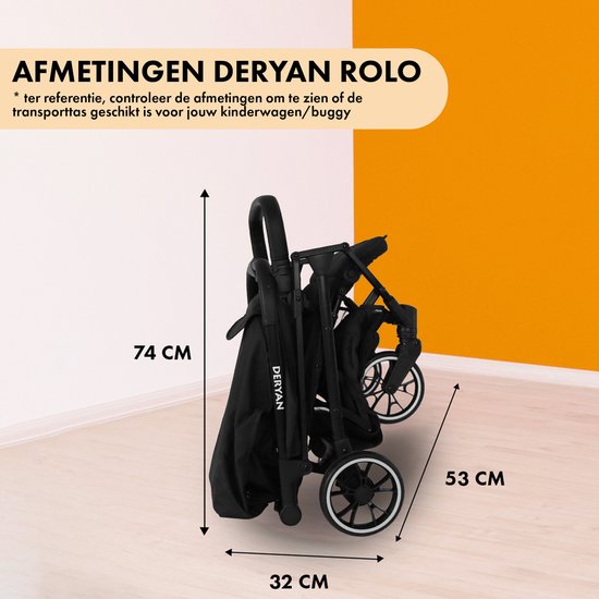 Opgevouwen zwarte Deryan buggy met afmetingen 74x53x32 cm.
