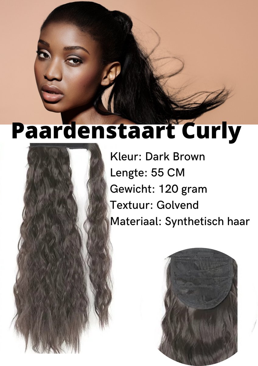 Paardenstaart Hair Extension-Donker Bruin -Lang-Krullend-Golvend 55 cm - Ponytail Hair Extensions Dark Brown Long Curly Wavy