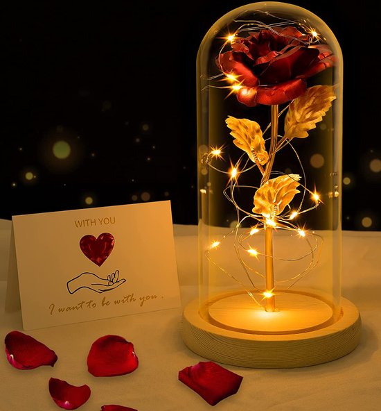 Common Goods - Gouden roos in glazen stolp met LED – Rozen - Vrouwen Cadeautjes - Moederdag Cadeautje - Mama - Huwelijkscadeau - Liefdes Cadeau - Valentijnsdag - Verjaardag - Vriendin - Common Goods