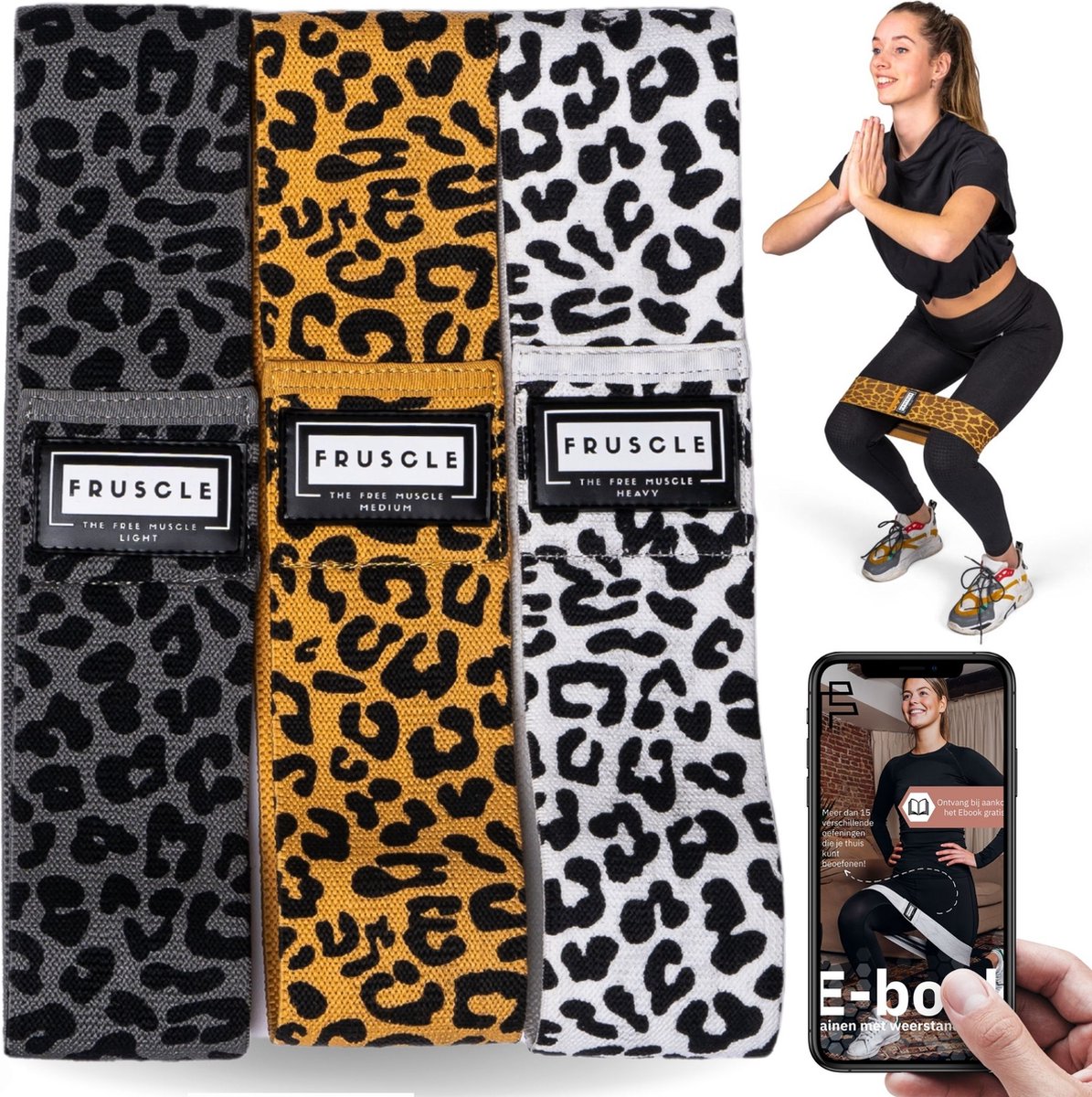 Fruscle® Weerstandsbanden set - Panter - Benen en billen trainen - fitness elastiek yoga crossfit - met ebook en opbergtas