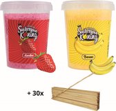 Suikerspin Suiker - Aardbei - Banaan - 2 potten x 400 gram incl. ± 30 suikerspin stokjes - Fruit combo 6