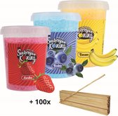 Suikerspin Suiker - Aardbei - Bosbes - Banaan - 3 potten x 400 gram  incl. ± 100 suikerspin stokjes - Fruit combo 5