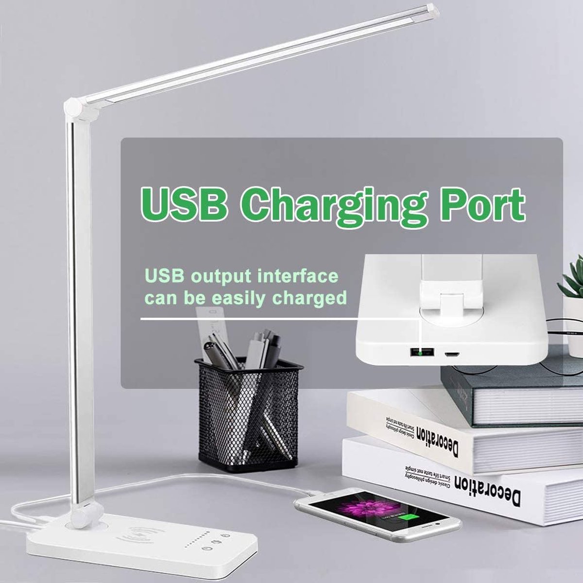 Ortho® - Bureaulamp - Bedlamp - Leeslamp - Nachtlamp - LED - Kleur licht, van Warm Wit tot Daglicht - Dimbaar - Qi draadloos opladen - USB oplaadpoort - Zilverkleurig thumbnail 2