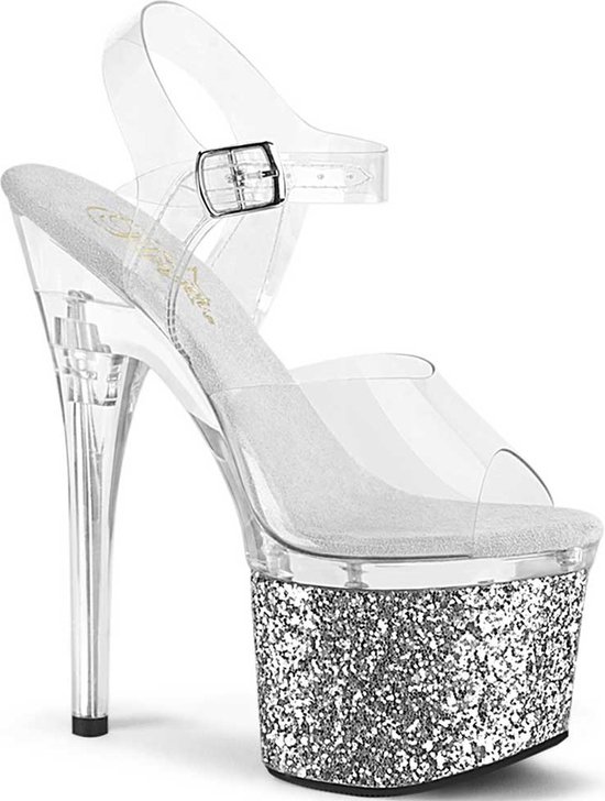 Pleaser - ESTEEM-708LG Sandale avec bride à la cheville, Chaussures de pole dance - US 5 - 35 Chaussures - Transparent/Couleur argent