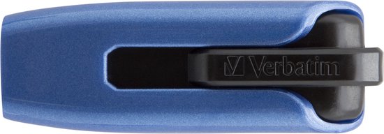 Een blauwe Verbatim V3 MAX USB-stick, zijaanzicht.