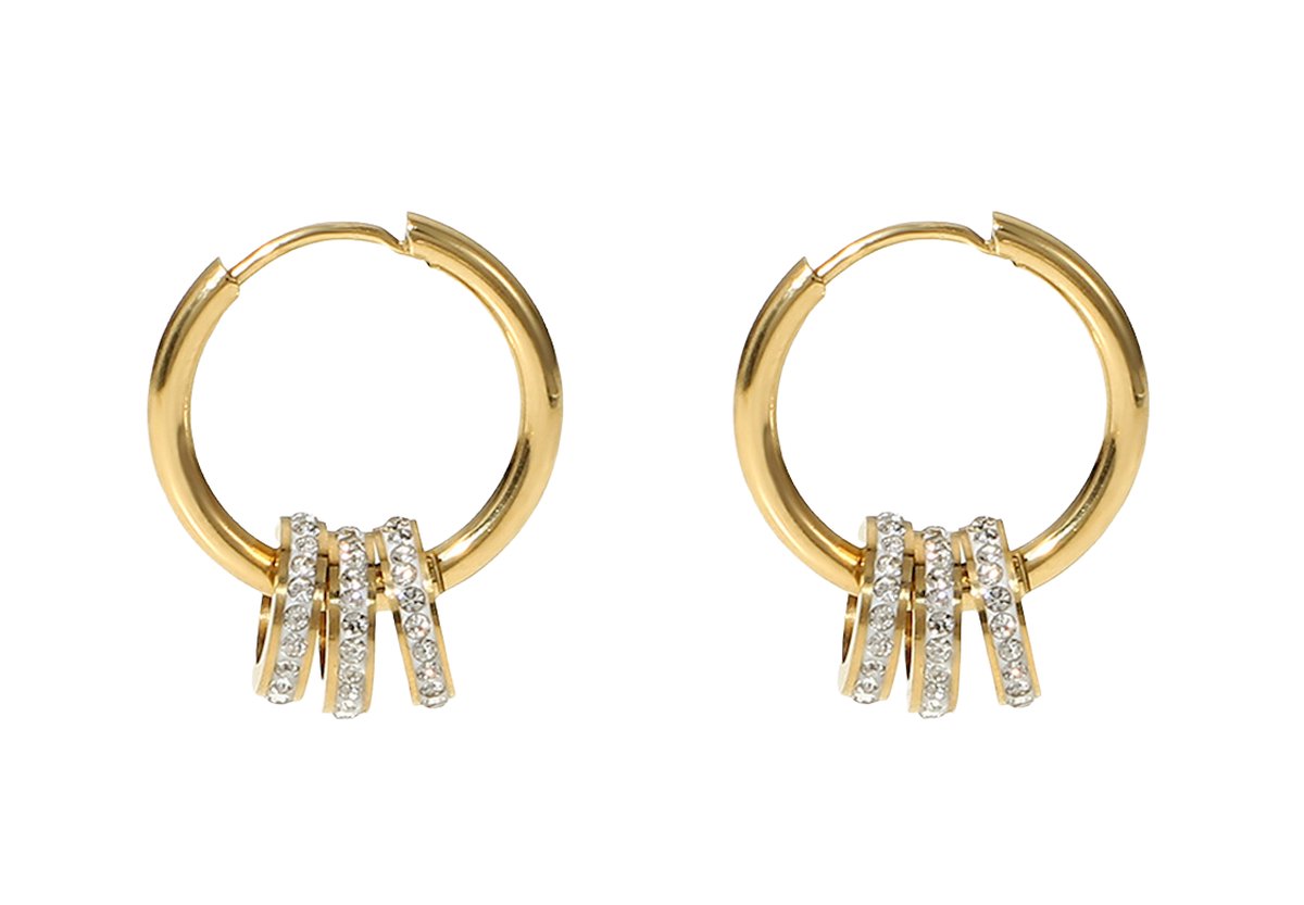 ASTRADAVI 18K Vergulde Sieraden - Oorbellen - Dangle Oorringen - Hoop met 3 Zirkonia Ringen - Cadeau Idee