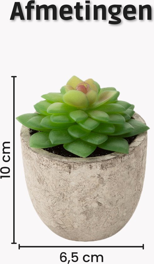 Groen kunstvetplantje in een stenen pot van 10cm hoog en 6,5cm breed. "Afmetingen".