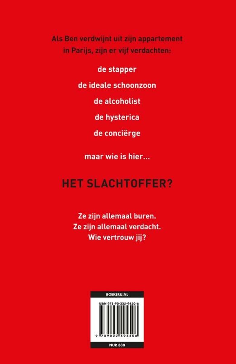 Couverture de livre sur fond rouge. Texte : Si Ben disparaît de son appartement à Paris, il y a cinq suspects. Qui est la victime ici ? Ils sont tous voisins. Ils sont tous suspects. A qui fais-tu confiance ?