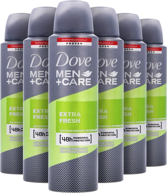 Zes Dove Men+Care Extra Fresh anti-transpirant spuitbussen met groene en grijze opdruk.
