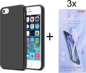 Hoesje Geschikt voor: iPhone 5 / 5C / 5S / SE 2016 Silicone - Zwart + 3X Tempered Glass Screenprotector - ZT Accessoires