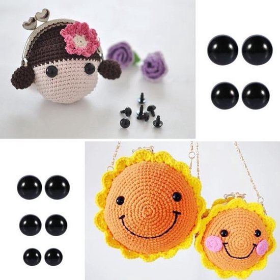 Collage met gehaakte poppetjes met zwarte veiligheidsoogjes en zon-portemonnees.