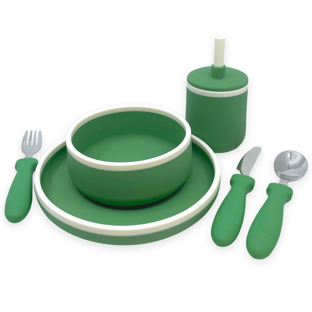 Smikkels - Siliconen kinder dinerset - Eetset baby - Servies - Serviesset - Kinderbestek - Veilig Kinderservies - Duurzaam - Baby - Peuter - Kleuter - Groen