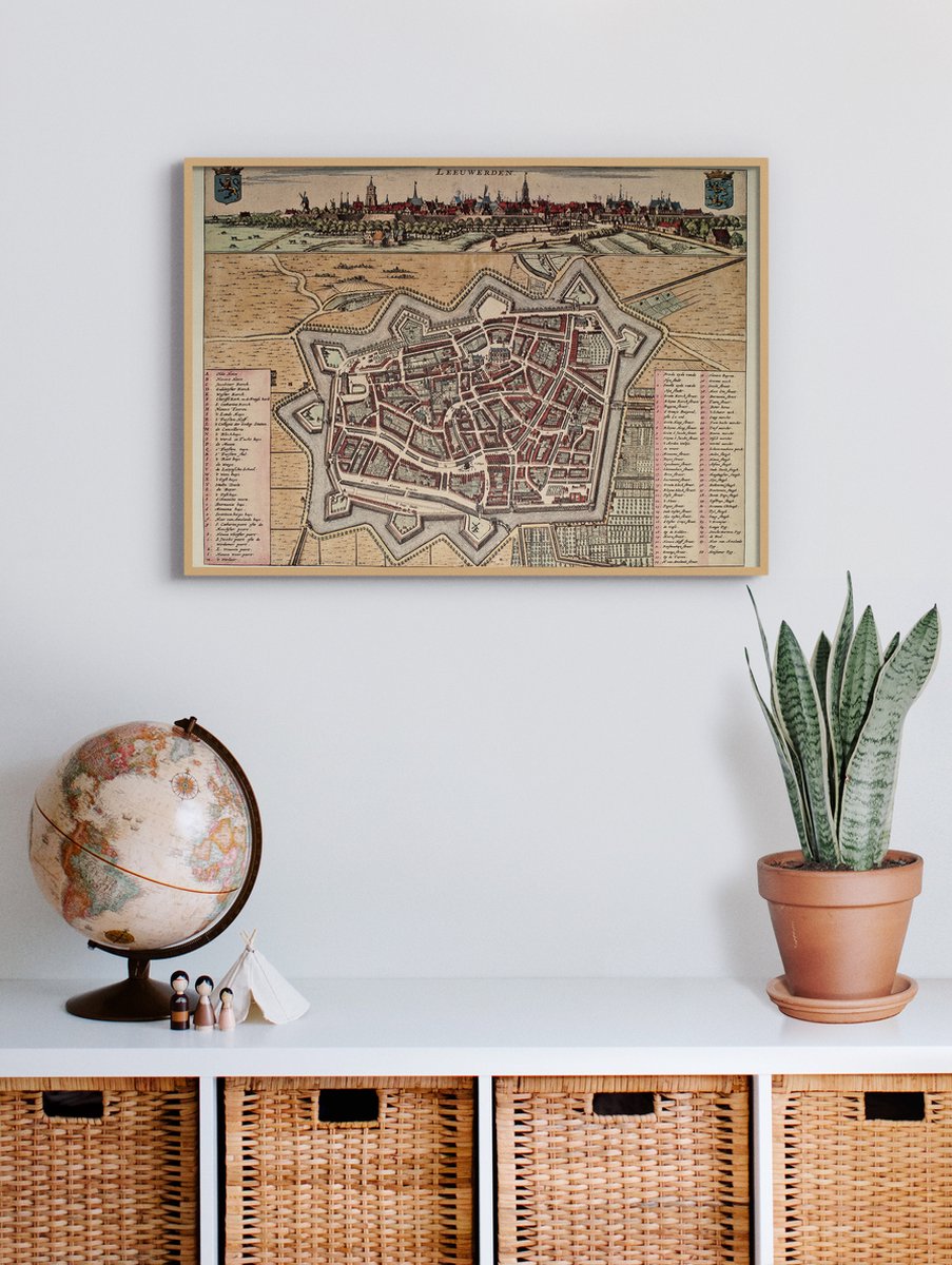 Esque Poster In Houten Lijst - Historische Oude Kaart Leeuwarden - Stadsplattegrond 1664 - 50x70 cm