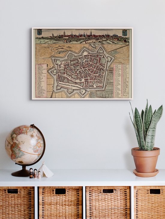 Poster In Witte Lijst - Historische Oude Kaart Leeuwarden - Stadsplattegrond 1664 - 50x70 cm