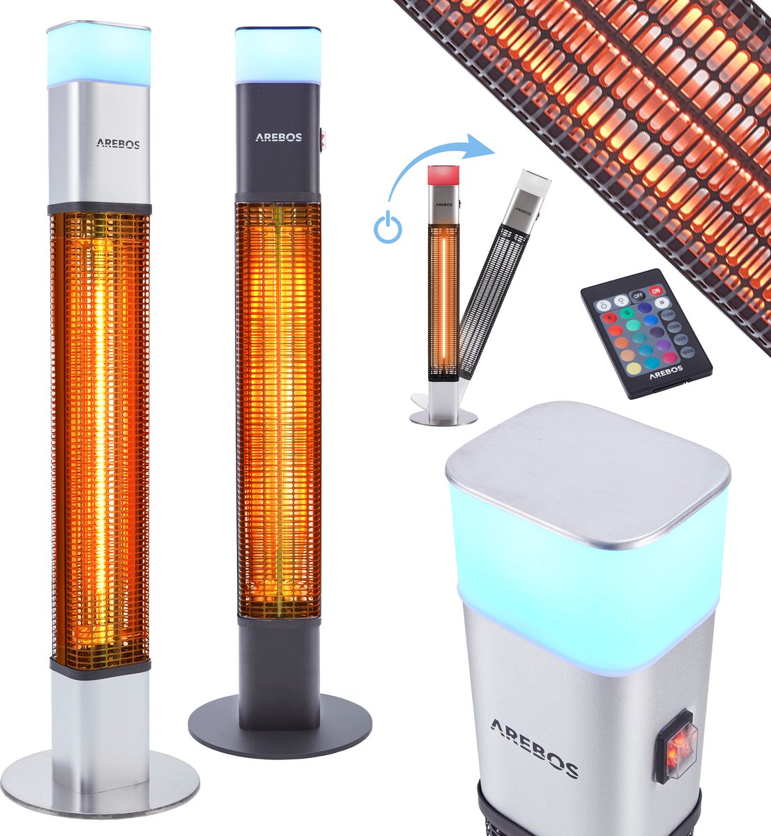 AREBOS Infrarood Verwarming - 1500W - Infrarood Kachel - Terrasverwarmer - Inclusief 16 kleuren LED lampje - met Afstandsbediening - Zilver