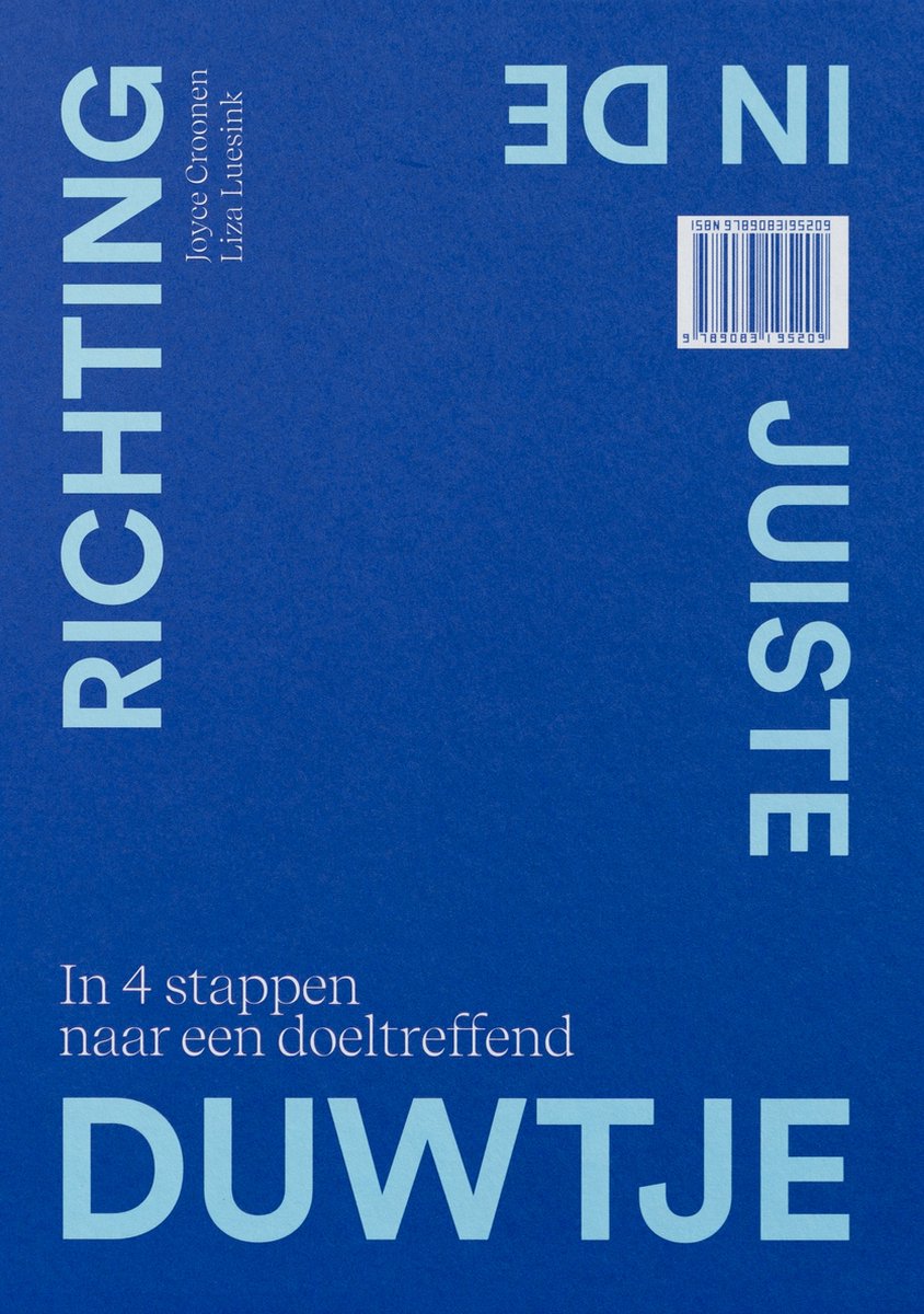 Blauwe kaft met de titel 'RICHTING' verticaal en 'IN DE JUISTE' horizontaal. Ondertitel: 'In 4 stappen naar een doeltreffend DUWTJE'. ISBN en streepjescode zichtbaar.