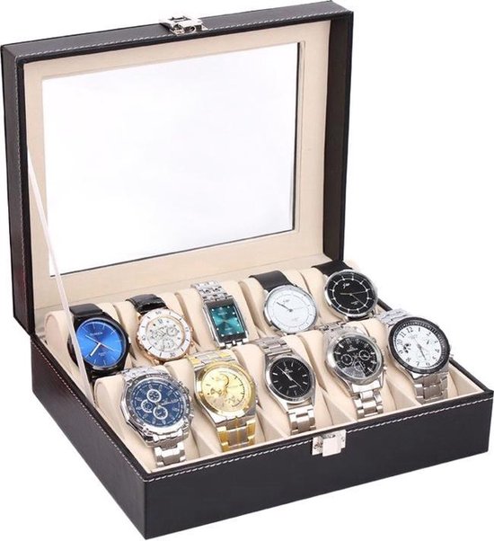Horlogebox - luxe horloge houder - Zwart leer - geschikt voor 10 stuks - 20 cm x 25cm - DisQounts - DisQounts