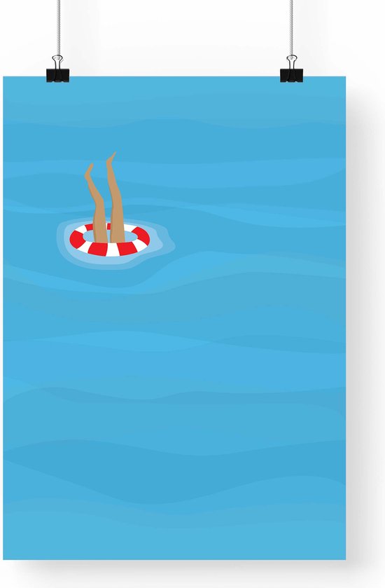 Poster 'Zomer!' - A3 formaat - minimalisme zwembad illustratie - zwemmer met zwemband - blauw water - zomer waterpret - watersport