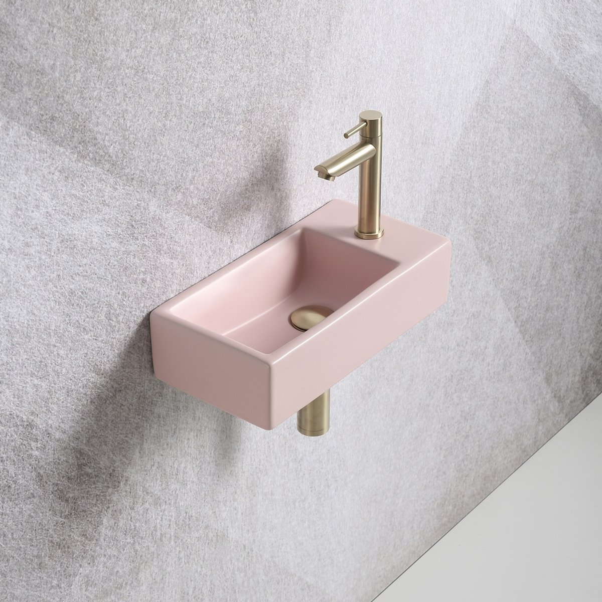 Fonteinset Mia 40.5x20x10.5cm mat roze rechts inclusief fontein kraan, sifon en afvoerplug mat goud
