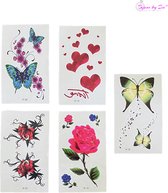 Bijoux by Ive - 5 Water overdraagbare tattoo / tatoeage velletjes - Bloemen - Vlinders en hartjes - Set 11