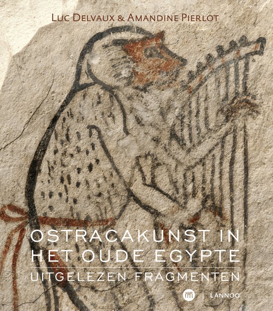 Couverture de livre montrant une peinture murale de l'Égypte ancienne représentant un singe jouant de la harpe. Texte : 'OSTRACAKUNST IN HET OUDE EGYPTE UITGELEZEN FRAGMENTEN'.