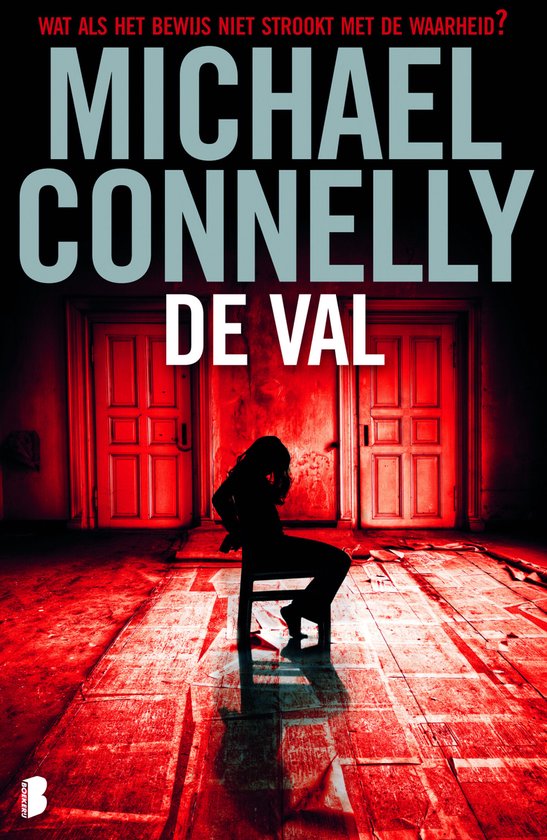Silhouet van een vrouw gebonden op een stoel in een kamer met rode muren en deuren. Titel 'DE VAL'.