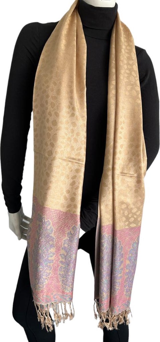 Sjaal- Luxe Dames Pashmina Sjaal- Zijde zacht Cashmere Sjaal- Fijn geweven omslagdoek 214/3- Licht camel met Details