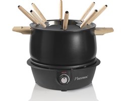 Bestron elektrische Fonduepan met 8 fonduevorken, elektrische Fondueset inclusief traploze temperatuurregelaar & spatbescherming, vaatwasmachinebestendig, kleur: zwart/hout