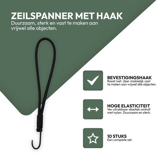 STACK Zeilspanner met Haak | 10 Stuks - Spanrubbers - Spanelastieken - Spanband voor Bootzeil/Zeil/Spandoeken