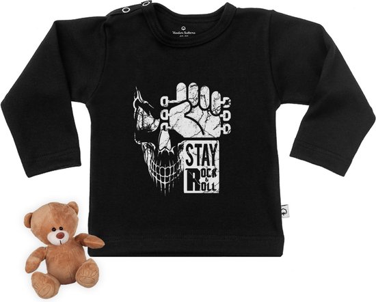 Baby t shirt met Rock and Roll Print - zwart - lange mouw - maat 50/56