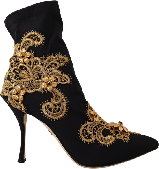 Dolce & Gabbana Black Gold Embroidery Crystal Boots Shoes