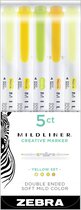 Zebra Mildliner Double Sided Tekstmarkers Fine & Bold – Yellow Colours- Set van 5 verpakt in een handige Zipperbag