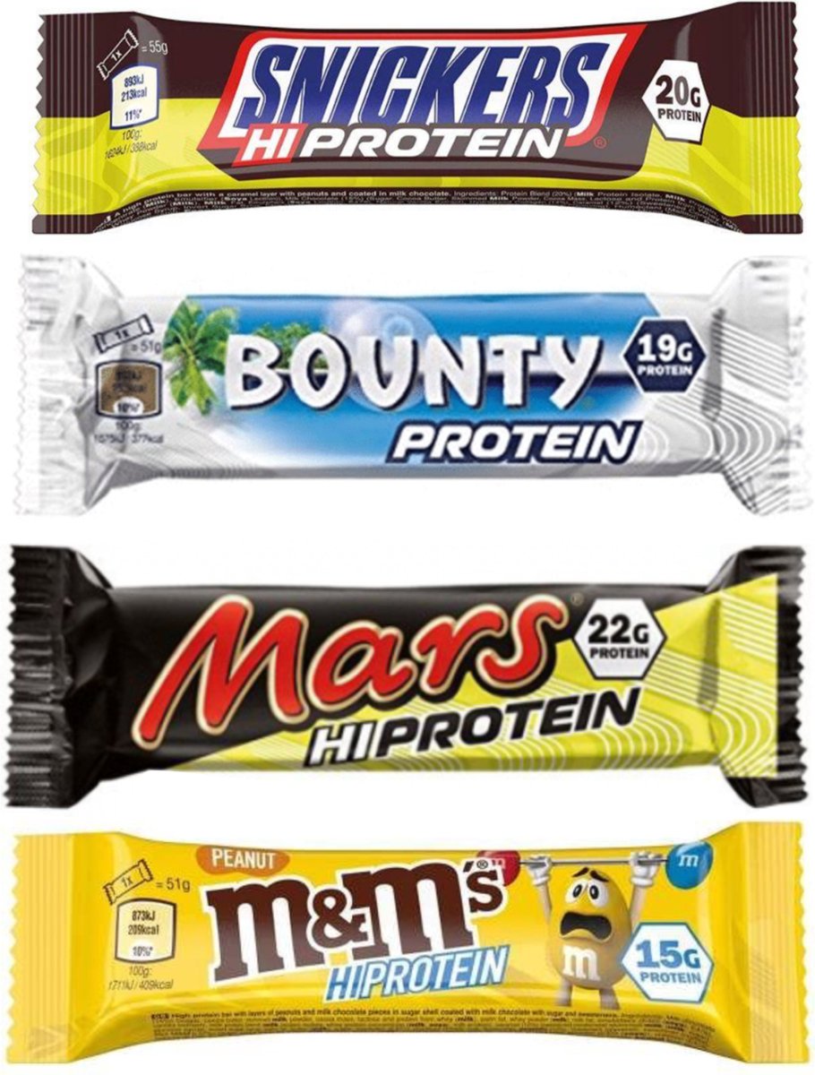 Proefpakket proteïne repen Powerbar Eiwit reep M&m Snicker Mars Bounty