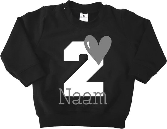Verjaardag sweater hart met naam-2 jaar-zwart-Maat 98