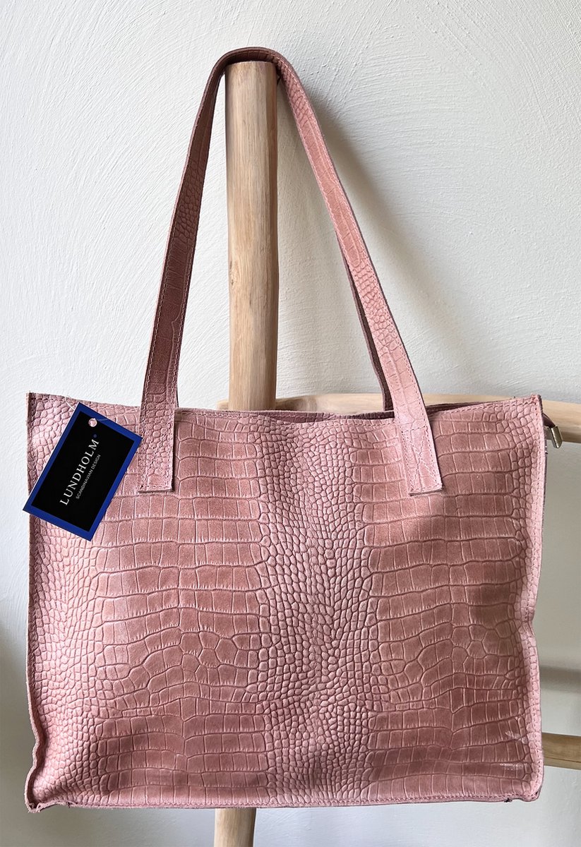 Lundholm tas dames schoudertas shopper dames met rits - shopper schooltas zacht roze - echt leer - kroko design | Lundholm Öland serie