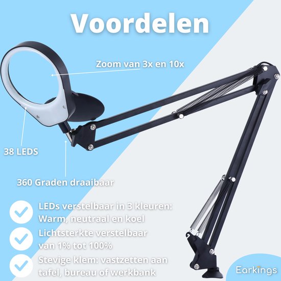 Zwarte loeplamp met 38 LEDs, 3x en 10x zoom, 360° draaibaar en 3 lichtkleuren.