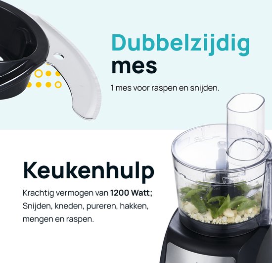 MOA Robot ménager de 1200 Watt - Extra puissant - Avec accessoires pour utilisation comme presse-agrumes, mixeur etc. - Noir avec acier inoxydable - FP511