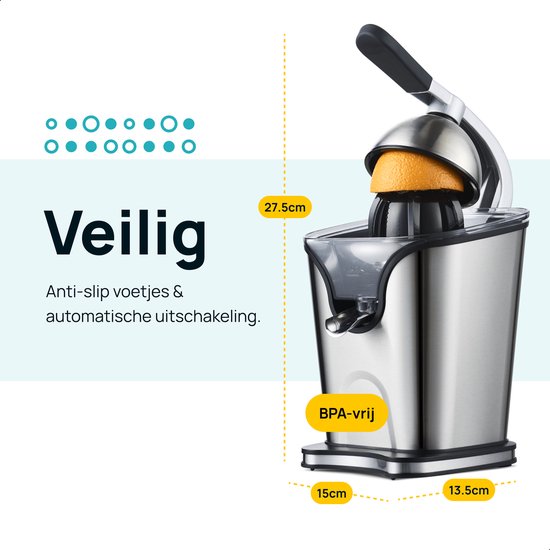Zilverkleurige citruspers met een halve sinaasappel erop, afmetingen 27.5cm hoog, 15cm breed, 13.5cm diep. Tekst 'Veilig' en 'BPA-vrij'.
