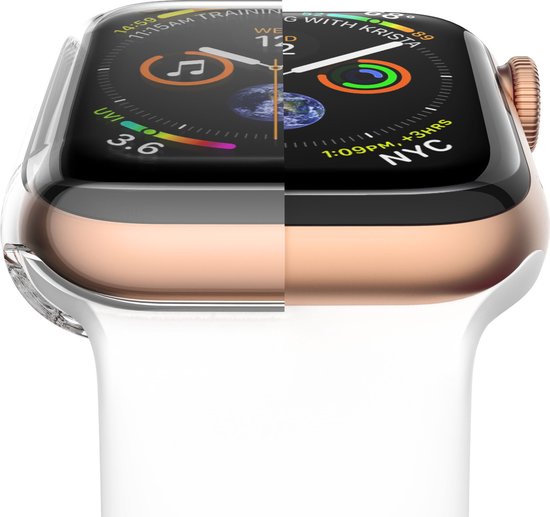 Gouden Apple Watch met wit bandje en doorzichtig hoesje, toont scherm met wereldbol.