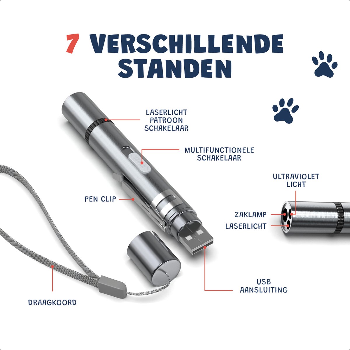 JC Pets Laserpen voor Kat – RVS – 7 Patronen – USB Oplaadbaar – Zilver thumbnail 4