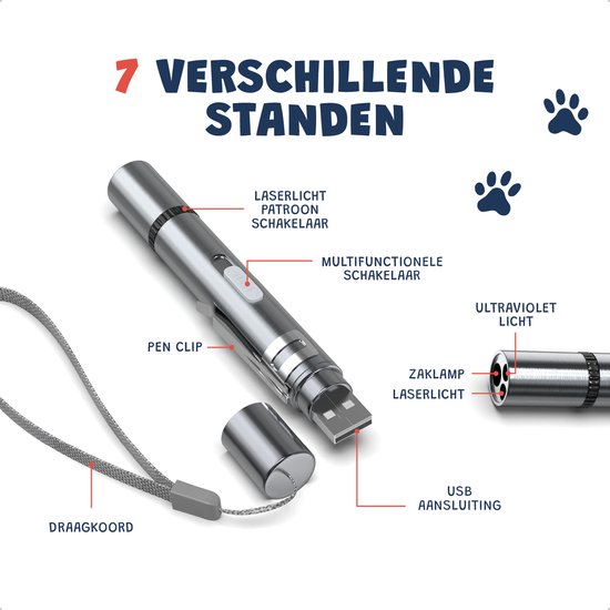 Laserpen - USB Oplaadbaar - Kattenspeeltjes - 7 Verschillende Standen - Laserlampje - RVS Zilver - Laser Pointer