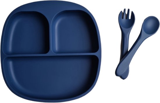 Dinerset - Kinderserviesset - 3 delig kinderserviesset - Siliconen - diner - Bestek - Kinderbestek - kinderservies - kraamcadeau - baby - kind - servies - babyservies - eten - drinken - dinerset - diner - kraampakket - Blauw