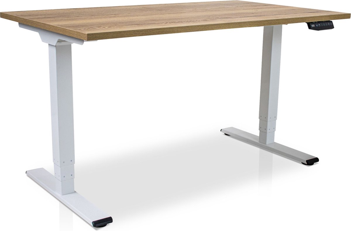 Zit-sta bureau elektrisch verstelbaar - MRC COMFORT NEN-EN 527 | 140 x 80 cm | frame wit - blad robuust eiken